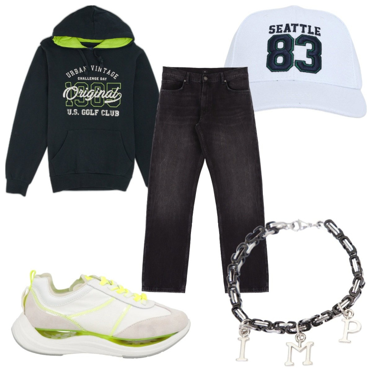 Outfit uomo - Total look #2053090. Stile Urban per Tutti i giorni. Abbinamento con sneakers, cappelli, braccialetti, jeans dritti, felpe con cappuccio.