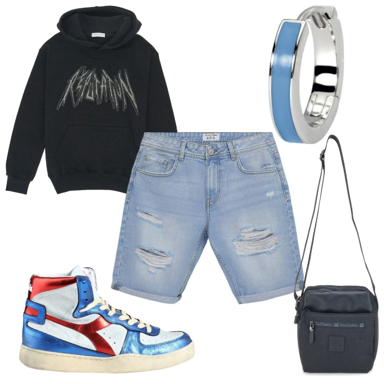 Outfit uomo - Total look #2053091. Stile Urban per Tutti i giorni. Abbinamento con sneakers alte, bermuda, orecchini, portafogli, felpe con cappuccio.