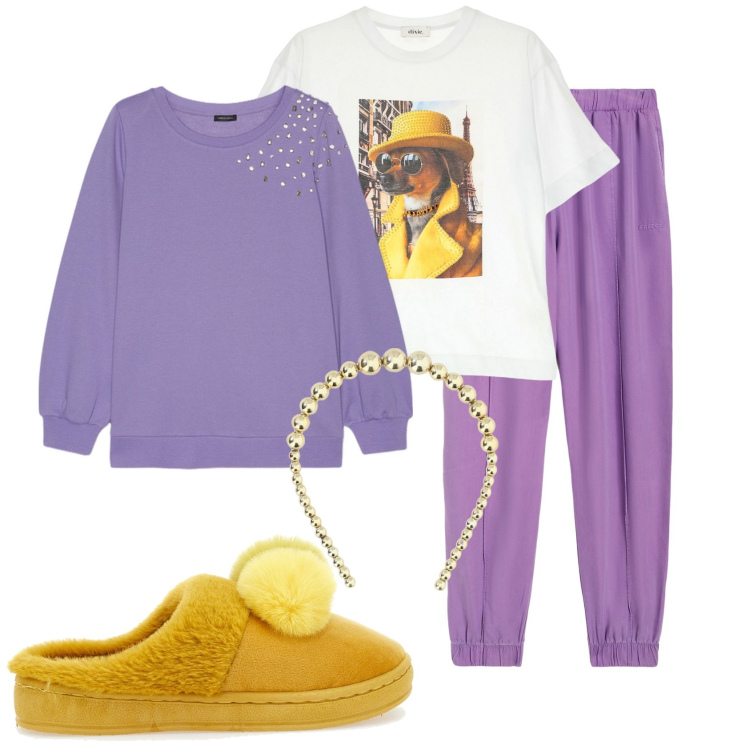 Outfit donna - Comfy at home. Stile Casual per Tutti i giorni. Abbinamento con t-shirt, cerchietti, pantaloni, pantofole, felpe.