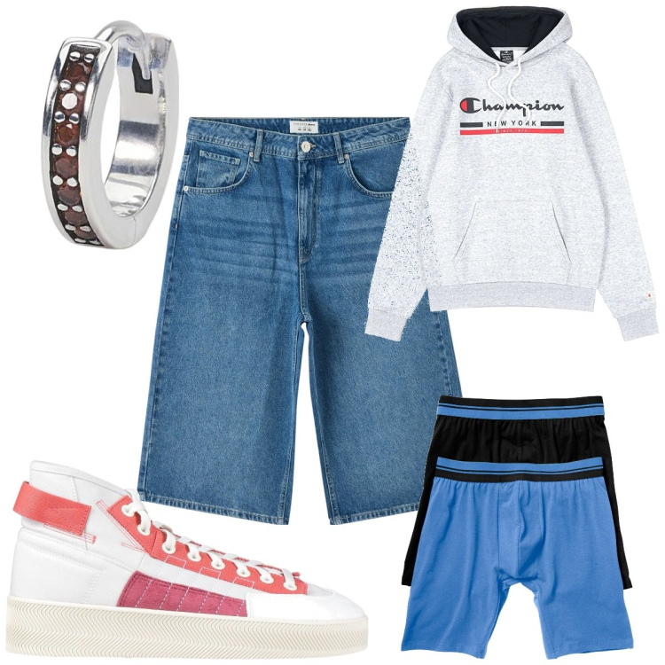 Outfit uomo - Total look #2053096. Stile Urban per Tutti i giorni. Abbinamento con boxer, sneakers alte, pantaloni corti, orecchini, felpe con cappuccio.