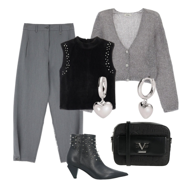Outfit donna - Apericena con le amiche. Stile Casual chic per Serata fuori. Abbinamento con stivaletti, borse a tracolla, orecchini, top, pantaloni, cardigans.