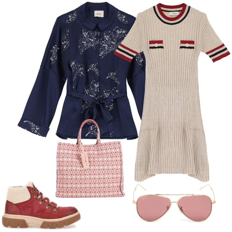 Outfit donna - Bandiera francese. Stile Casual chic per Tutti i giorni. Abbinamento con borse a mano, vestiti corti, blazer, stivaletti, occhiali da sole.