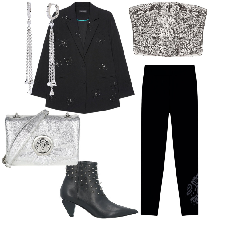 Outfit donna - Uscita. per Serata fuori. Abbinamento con stivaletti, borse a tracolla, orecchini, top, blazer, leggings.