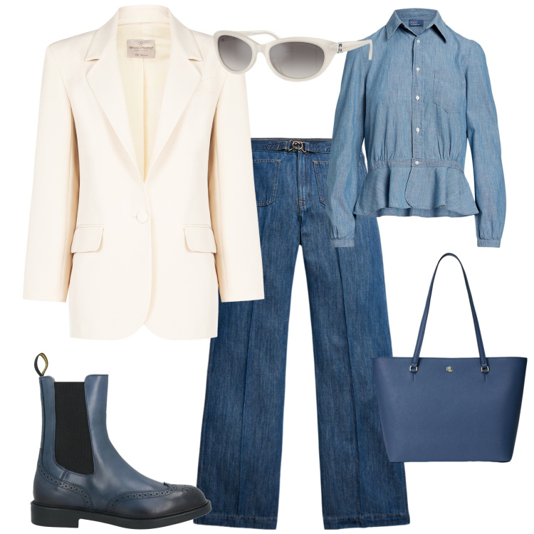 Outfit donna - Total look #2053121. Stile Trendy per Tutti i giorni. Abbinamento con stivaletti chelsea, blazer, borse tote, jeans, camicie, occhiali da sole.