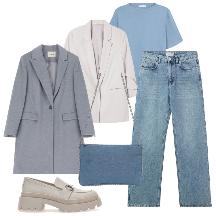 Outfit donna - Sovrapposizioni quotidiane. Stile Casual per Tutti i giorni. Abbinamento con jeans, borse a tracolla, blazer, t-shirt, cappotti, mocassini.