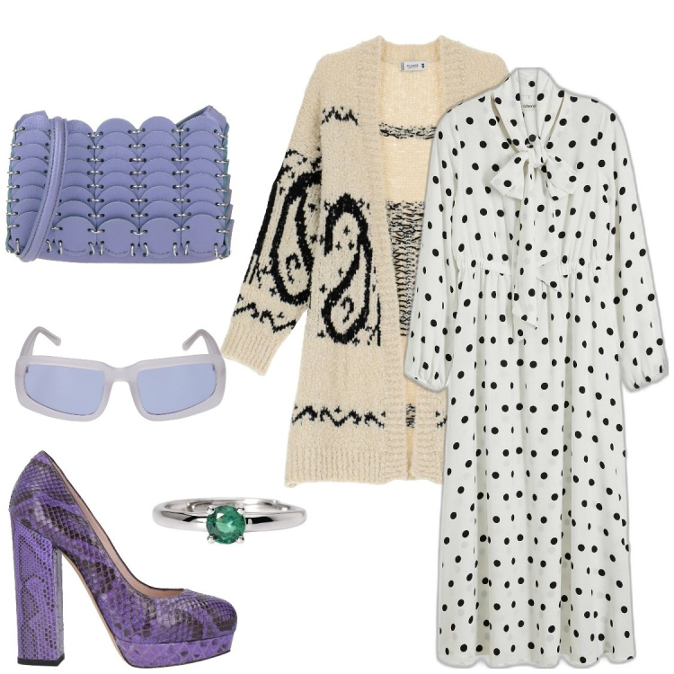 Outfit donna - Zebra a pois. Stile Casual chic per Serata fuori. Abbinamento con vestiti lunghi, décolleté, borse a tracolla, anelli, cardigans, occhiali da sole.
