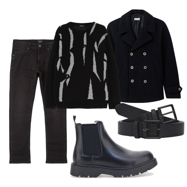 Outfit uomo - Il maglione bicolor. Stile Trendy per Tutti i giorni. Abbinamento con jeans, cappotti, cinture, pullovers, stivali e stivaletti.