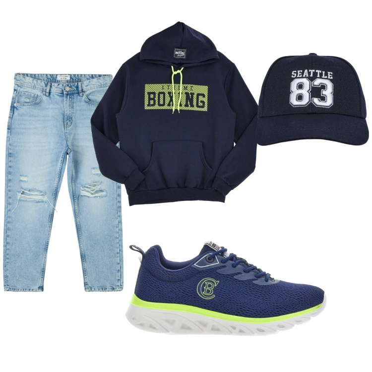 Outfit uomo - Total look #2053166. Stile Casual per Tutti i giorni. Abbinamento con jeans strappati, cappelli, sneakers, felpe con cappuccio.