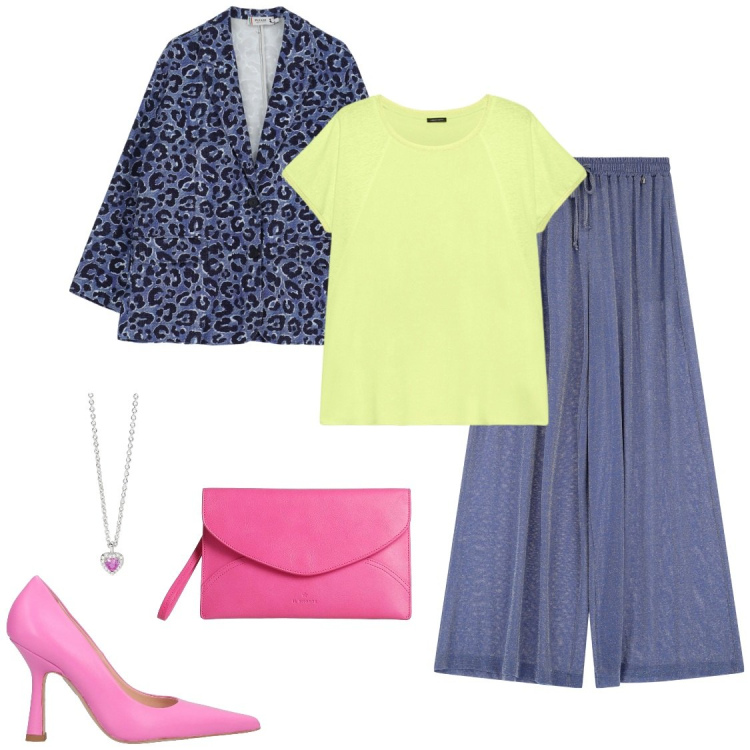 Outfit donna - Quadro astratto. Stile Casual chic per Tutti i giorni. Abbinamento con décolleté, borse a mano, ciondoli, t-shirt, pantaloni, blazer.