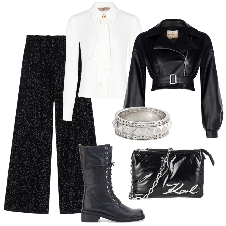 Outfit donna - Dettagli metallici e paillettes. Stile Trendy per Serata fuori. Abbinamento con borse a mano, anelli, bluse, giacche, pantaloni a palazzo, anfibi.