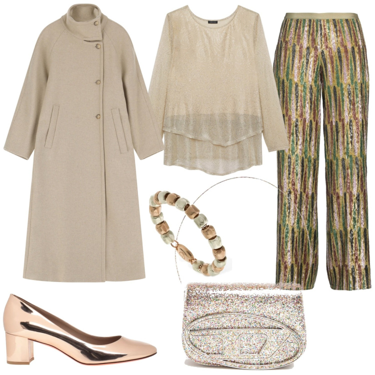Outfit donna - Bantoa in love. Stile Glamour per Serata fuori. Abbinamento con décolleté, pantaloni, cappotti, t-shirt, borse a spalla, anelli.