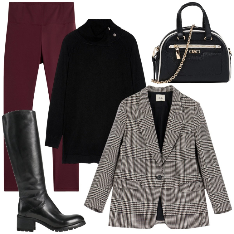 Outfit donna - Eleganza in comodità. Stile Sporty chic per Tutti i giorni. Abbinamento con stivali, borse a mano, blazer, leggings, maglieria.