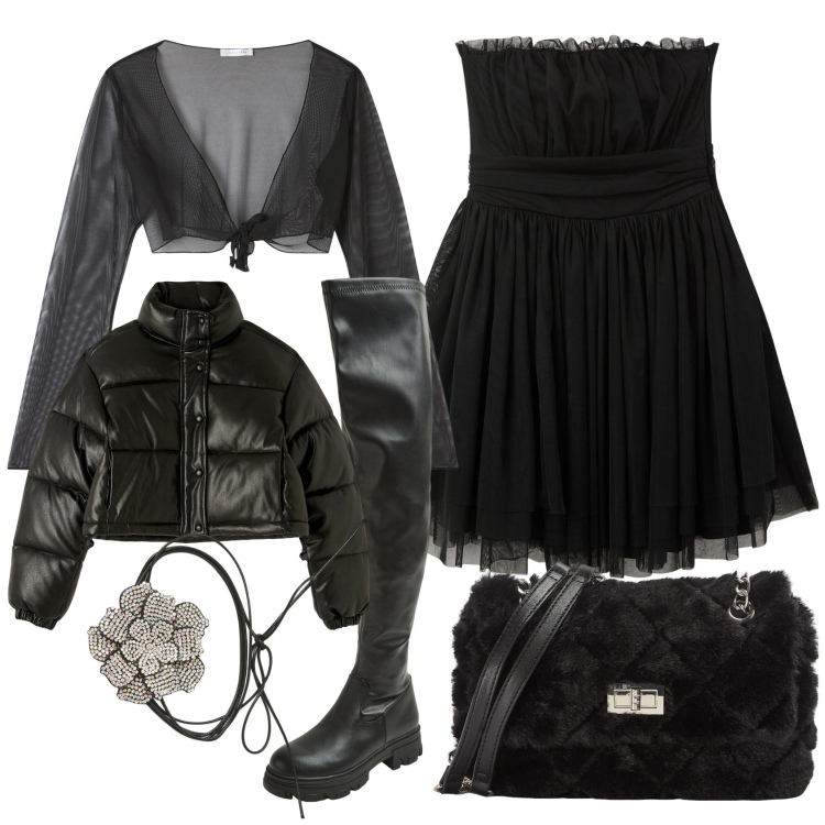 Outfit donna - Notti rock. Stile Rock per Serata fuori. Abbinamento con vestiti corti, collane, borse a spalla, bolero, piumini, stivali.