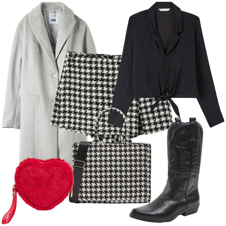 Outfit donna - Il pied de poule e il regalino. Stile Glamour per Serata fuori. Abbinamento con portafogli, gonne, shopping bag, cappotti, camicie, stivali.