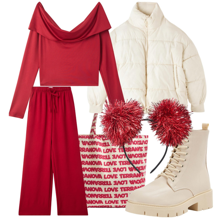 Outfit donna - Party pomeridiano. Stile Sporty chic per Tutti i giorni. Abbinamento con pantaloni, t-shirt, piumini, anfibi, cerchietti, borse tote.
