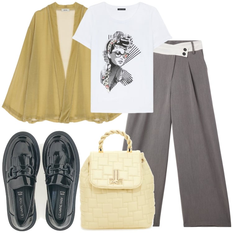 Outfit donna - Con lo zainetto. Stile Casual per Tutti i giorni. Abbinamento con pantaloni, blazer, mocassini, zaini, t-shirt.
