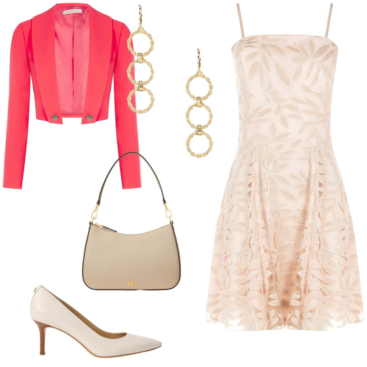 Outfit donna - Rinascimento look. per Cerimonia. Abbinamento con vestiti corti, bolero, borse a spalla, décolleté, orecchini.