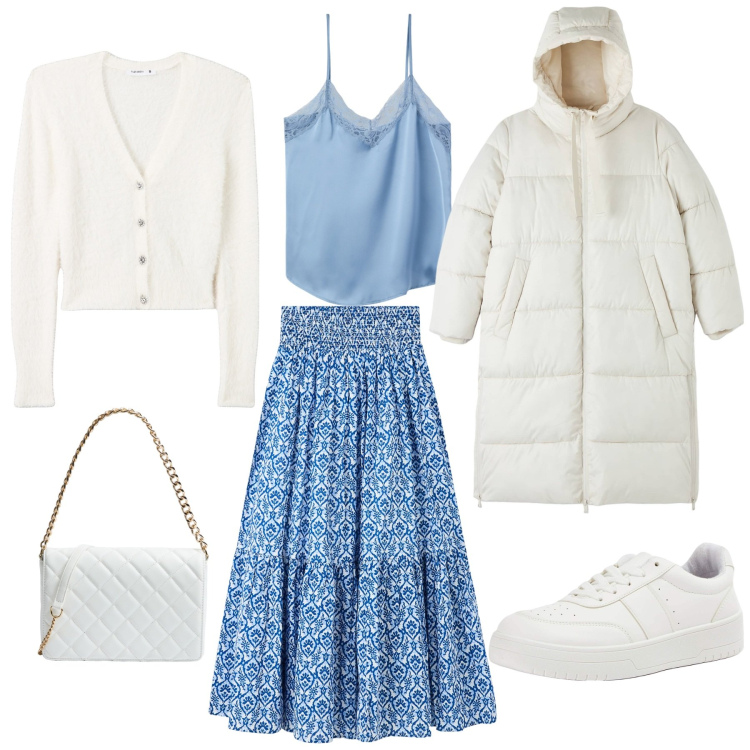Outfit donna - La gonna lunga. Stile Romantica per Serata fuori. Abbinamento con canottiere, piumini, cardigans, sneakers, gonne lunghe, borse a tracolla.