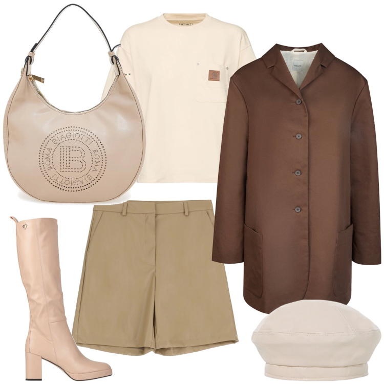 Outfit donna - Total look. Stile Urban per Ufficio. Abbinamento con stivali, shorts, cappelli e berretti, trench, borse a spalla, t-shirt.