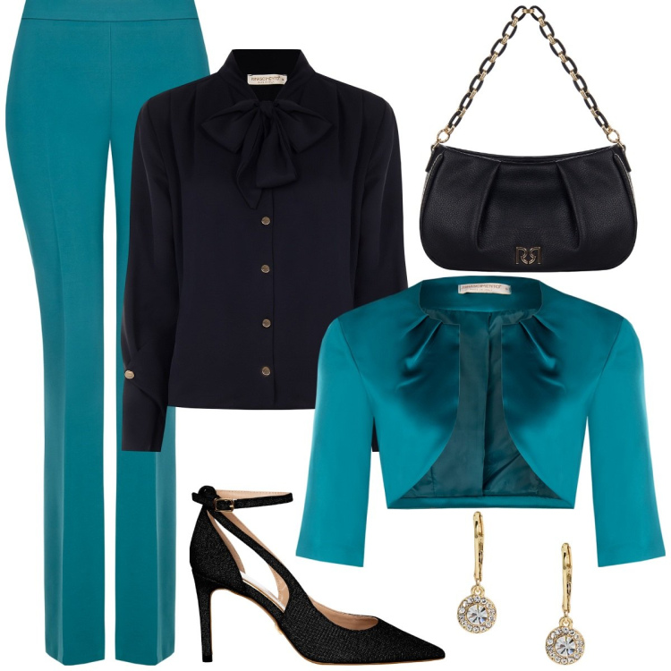 Outfit donna - Eleganza d\'impatto. Stile Chic per Cerimonia. Abbinamento con pantaloni, bolero, bluse, décolleté, borse a tracolla, orecchini.