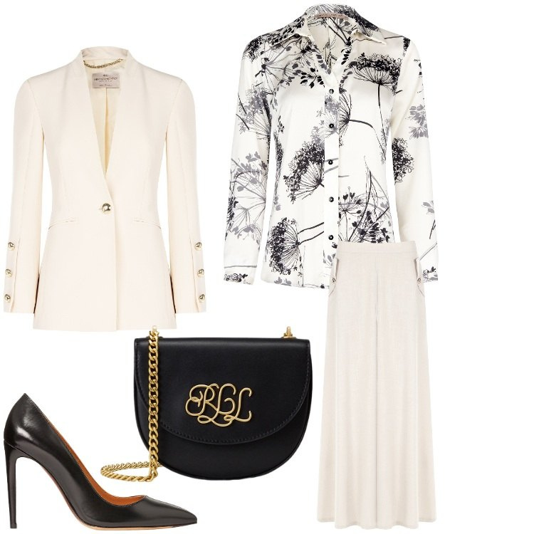 Outfit donna - Flora. Stile Chic per Cerimonia. Abbinamento con gonne lunghe, blazer, camicie, décolleté, borse a tracolla.