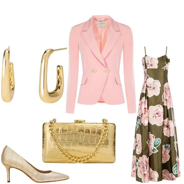 Outfit donna - Fiori rosa. Stile Chic per Cerimonia. Abbinamento con vestiti lunghi, blazer, orecchini, clutch, décolleté.