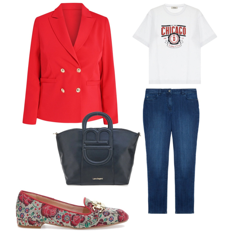 Outfit donna - Outfit primavera. per Ufficio. Abbinamento con blazer, t-shirt, mocassini, jeans skinny, borse a tracolla.
