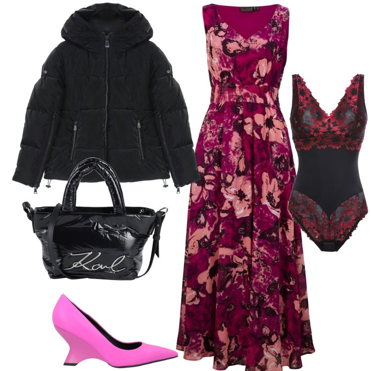 Outfit donna - Fiori per San Valentino. Stile Glamour per Serata fuori. Abbinamento con vestiti lunghi, body, borse a mano, décolleté, piumini.