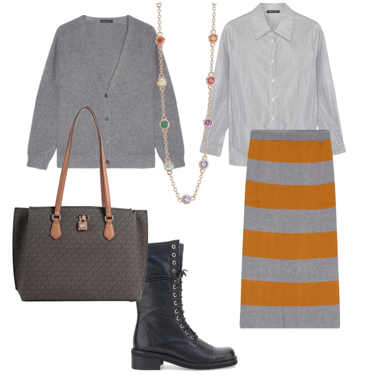 Outfit donna - Esco con Lucia. per Tutti i giorni. Abbinamento con borse a spalla, collane, gonne longuette, anfibi, cardigans, camicie.