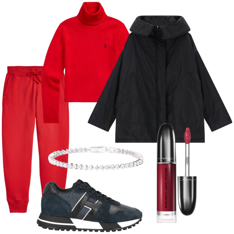 Outfit donna - Comodità e stile. Stile Sporty chic per Tutti i giorni. Abbinamento con sneakers, rossetti, braccialetti, pantaloni sportivi, maglieria, parka.