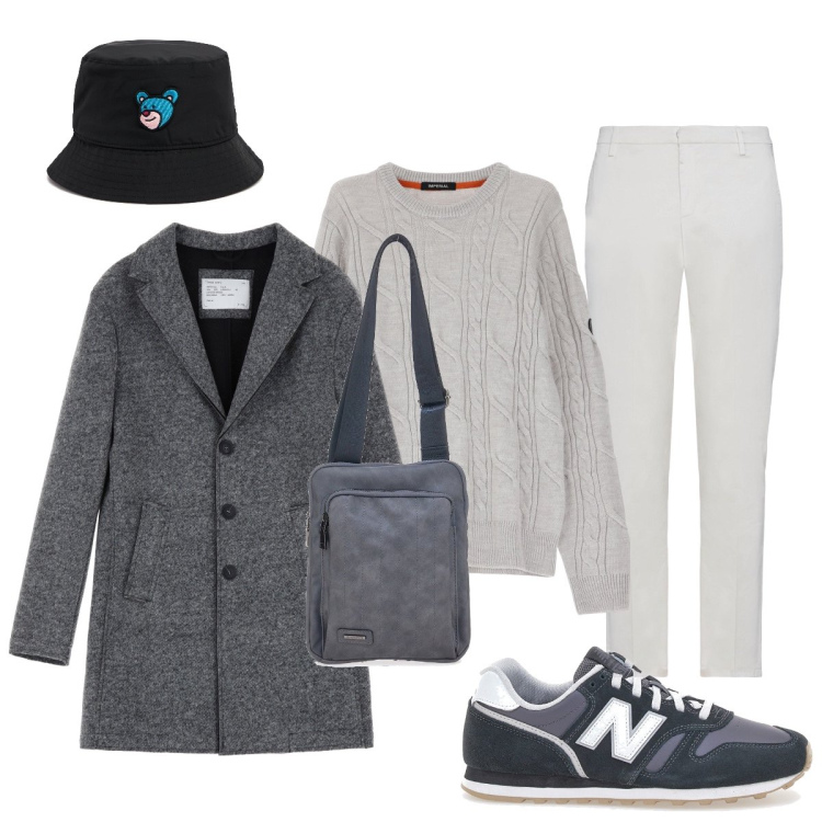 Outfit uomo - Tonalità di grigio. Stile Trendy per Tutti i giorni. Abbinamento con pantaloni, cappotti, maglieria, portafogli, sneakers, cappelli.