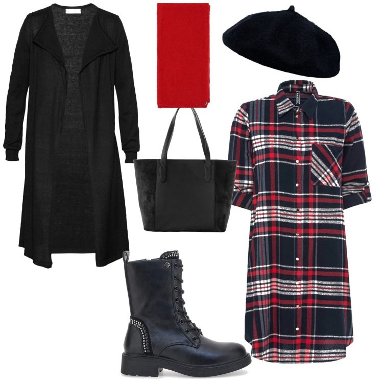 Outfit donna - Al parco. per Tutti i giorni. Abbinamento con cardigans, vestiti chemisier, shopping bag, stole, anfibi, cappelli e berretti.