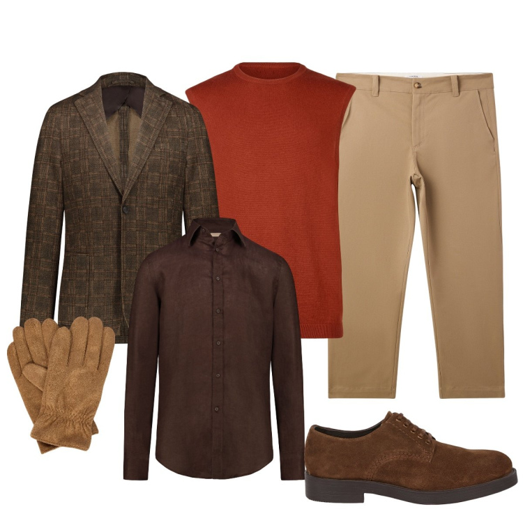 Outfit uomo - Trendy con il gilè color aragosta. Stile Trendy per Tutti i giorni. Abbinamento con pantaloni chino, giacche, camicie, gilet, scarpe stringate, guanti.
