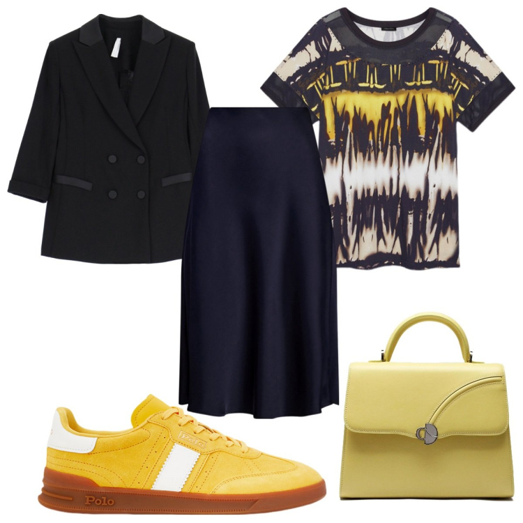 Outfit donna - Athleisure : un po\' di giallo. Stile Trendy per Tutti i giorni. Abbinamento con blazer, gonne, sneakers, t-shirt, borse a mano.