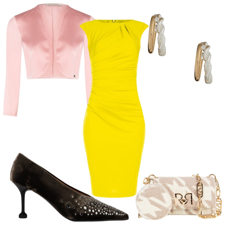 Outfit donna - Rinascimento SS25- chic a colori. Stile Chic per Cerimonia. Abbinamento con décolleté, vestiti a tubino, bolero, borse a tracolla, orecchini.