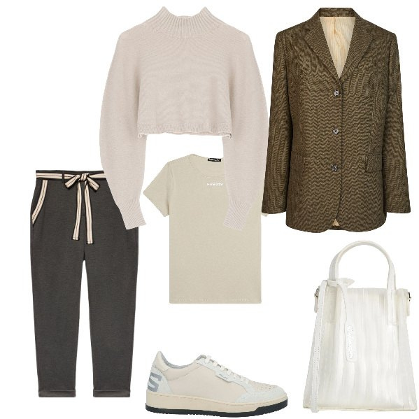 Outfit donna - Total look #2053276. Stile Sporty chic per Tutti i giorni. Abbinamento con sneakers, borse a mano, maglieria, t-shirt, pantaloni chino, blazer.