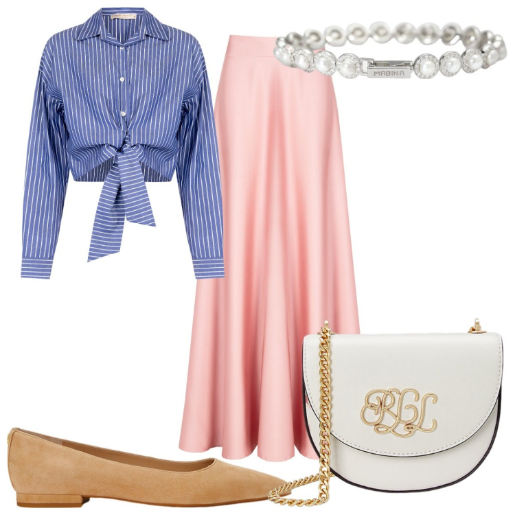 Outfit donna - Rinascimento SS25: chic in rosa. Stile Chic per Tutti i giorni. Abbinamento con braccialetti, gonne, camicie, borse a tracolla, ballerine.