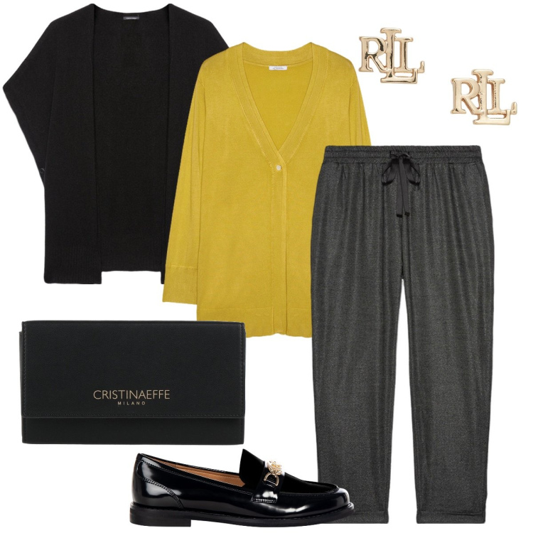 Outfit donna - Jogger bon ton. Stile Bon Ton per Ufficio. Abbinamento con borse a mano, mocassini, orecchini, cardigans, pantaloni, cappe.