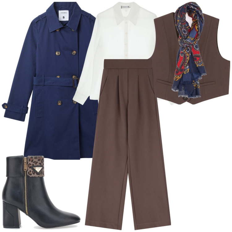 Outfit donna - Total look #2053303. Stile Trendy per Serata fuori. Abbinamento con trench, gilet, camicie, pantaloni, stivaletti, foulard.