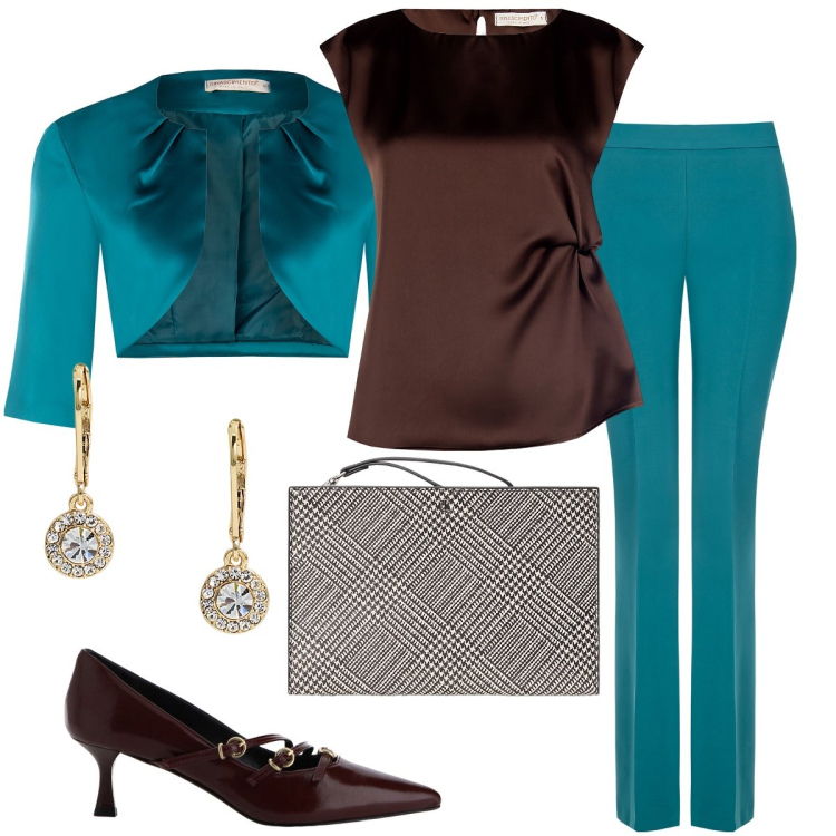 Outfit donna - Rinascimento - SS25. Stile Chic per Cerimonia. Abbinamento con décolleté, top, bolero, pantaloni, pochette, orecchini.