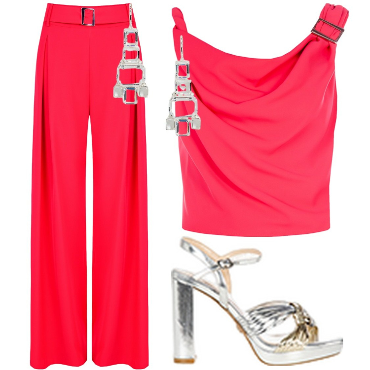 Outfit donna - Evviva i colori. Stile Glamour per Serata fuori. Abbinamento con pantaloni, sandali in pelle, top, orecchini.