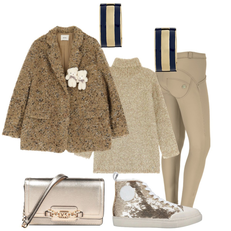 Outfit donna - Comoda e stilosa. Stile Glamour per Tutti i giorni. Abbinamento con sneakers alte, borse a mano, maglieria, pantaloni skinny, blazer, orecchini.