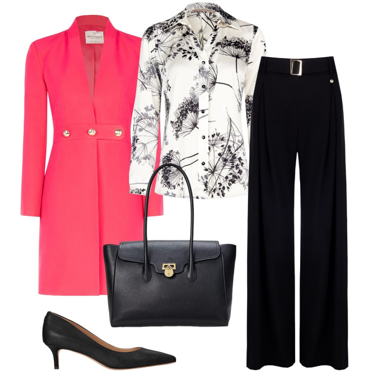 Outfit donna - Ad un evento. Stile Bon Ton per Serata fuori. Abbinamento con pantaloni, trench, camicie, décolleté, borse a mano.