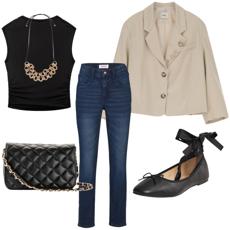 Outfit donna - Skinny or not skinny. Stile Basic per Tutti i giorni. Abbinamento con borse a tracolla, jeans skinny, t-shirt, ballerine, blazer, collane.