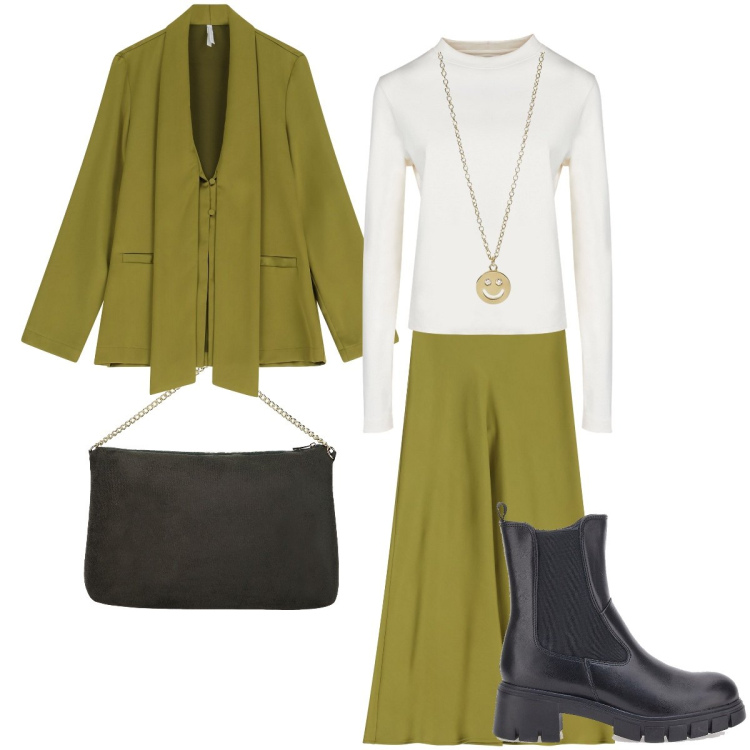 Outfit donna - Il completo verde senape. Stile Trendy per Ufficio. Abbinamento con collane, gonne lunghe, blazer, pochette, stivaletti chelsea, t-shirt.