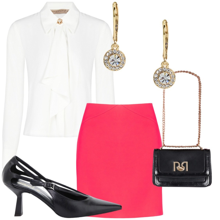 Outfit donna - Elegante con l\'agonia colorata. Stile Bon Ton per Cerimonia. Abbinamento con décolleté, minigonne, bluse, borse a tracolla, orecchini.