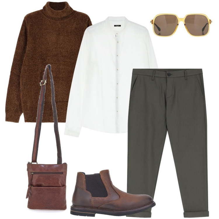 Outfit uomo - La montatura gialla. Stile Trendy per Ufficio. Abbinamento con occhiali da sole, pantaloni, camicie, maglieria, stivali e stivaletti, portafogli.