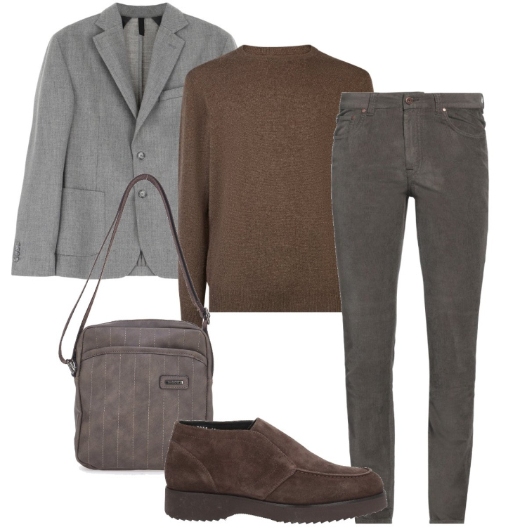 Outfit uomo - Il borsello rigato. Stile Business/Elegante per Ufficio. Abbinamento con stivali e stivaletti, pantaloni, giacche, maglieria, portafogli.