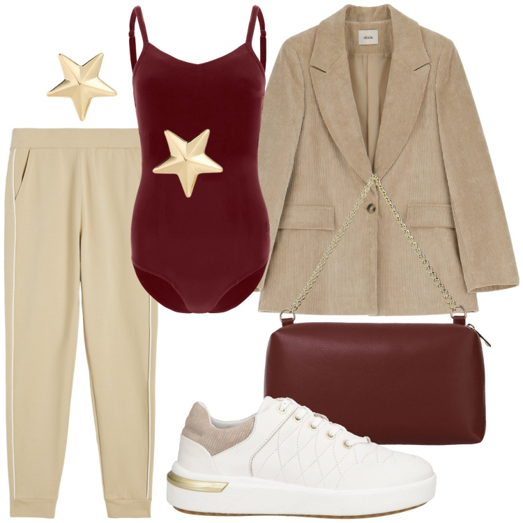 Outfit donna - Speciale: stile athleisure. Stile Sporty chic per Tutti i giorni. Abbinamento con sneakers, body, pantaloni, borse a tracolla, blazer, orecchini.