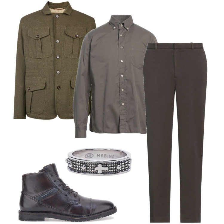 Outfit uomo - Il giubbotto verde militare. Stile Urban per Serata speciale. Abbinamento con camicie, pantaloni, anelli, stivali e stivaletti, giacche.